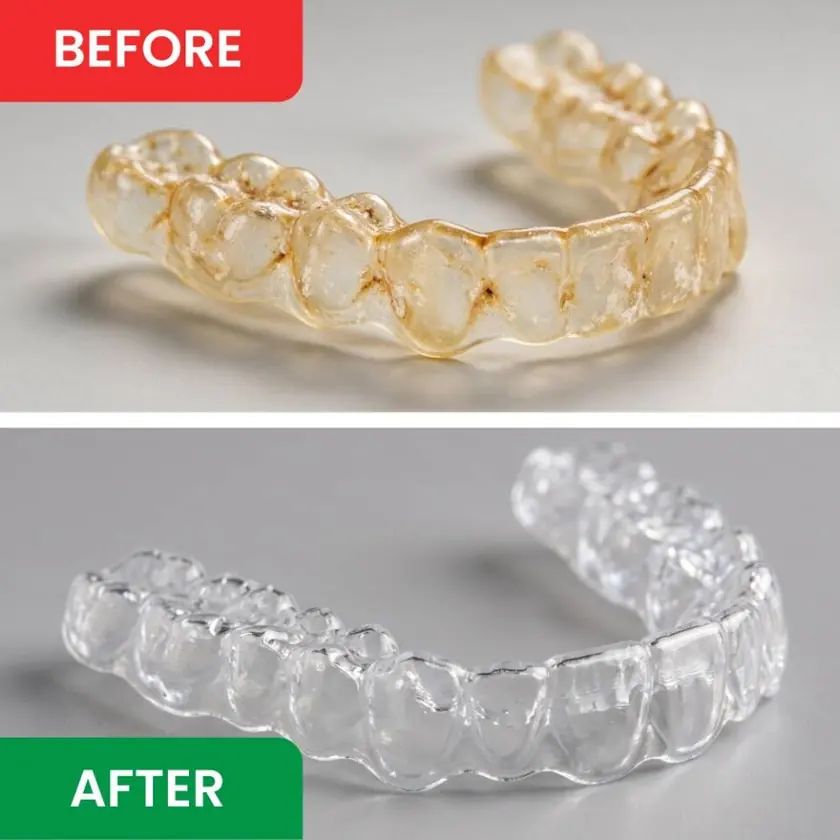 Top, a clear retainer yellowed and coated with buildup. Bottom, the same retainer clear again after a DentaSonic cycle