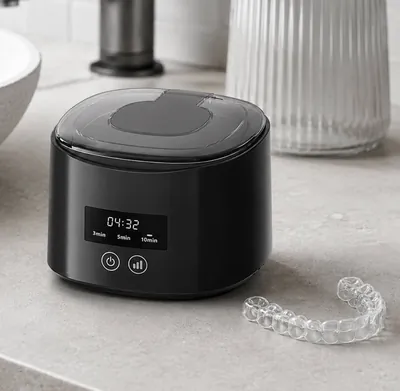 The DentaSonic ultrasonic cleaner on a bathroom counter next to a clear retainer