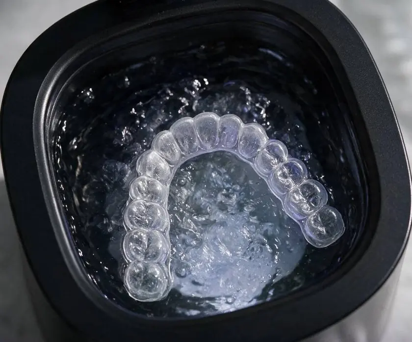 A clear retainer fully submerged in the DentaSonic tank during a cycle, the water in motion
